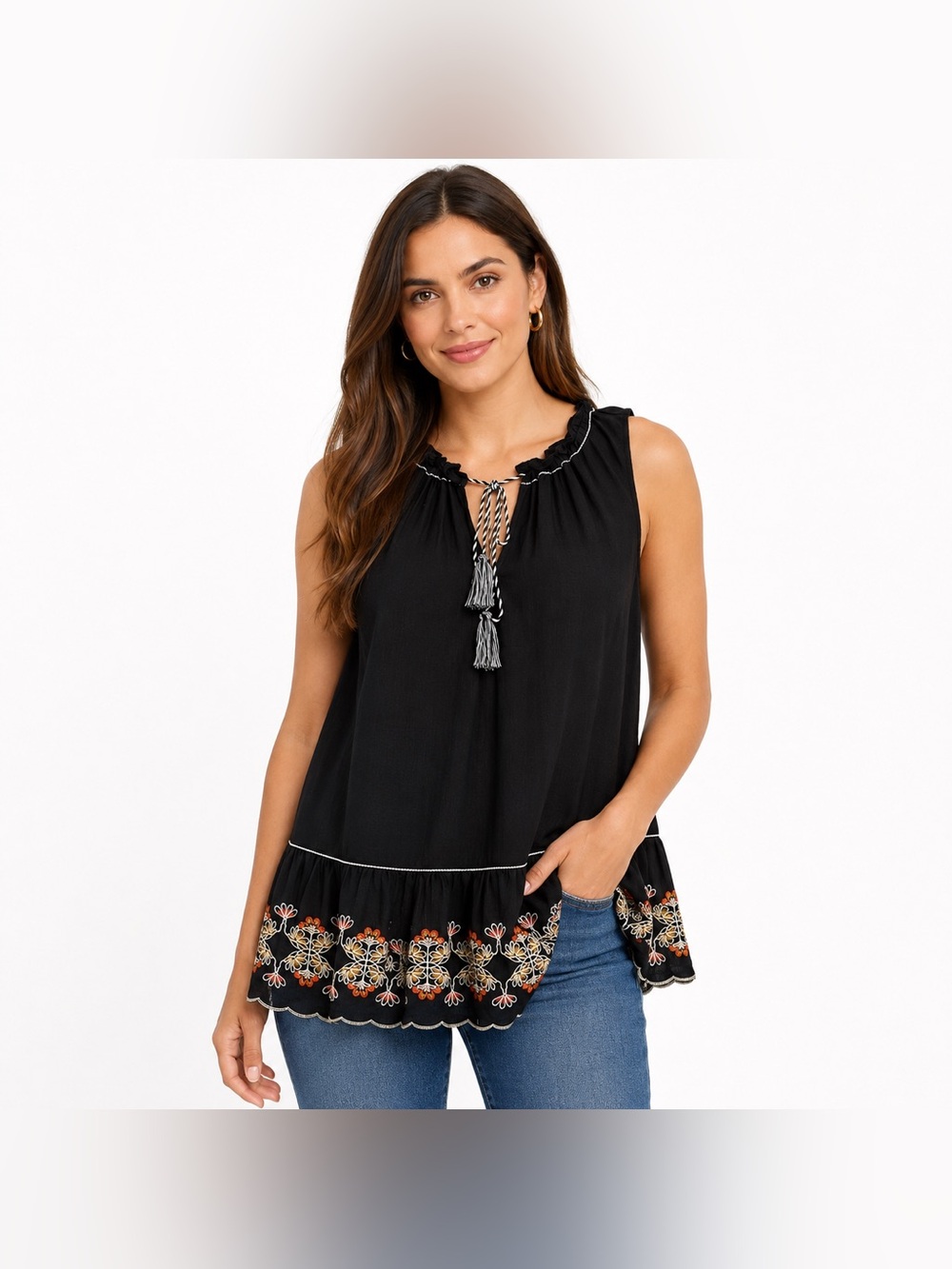 Max Studio Black Embroidered Sleeveless Peasant Top Tassel Tie Boho Blouse SZ-S